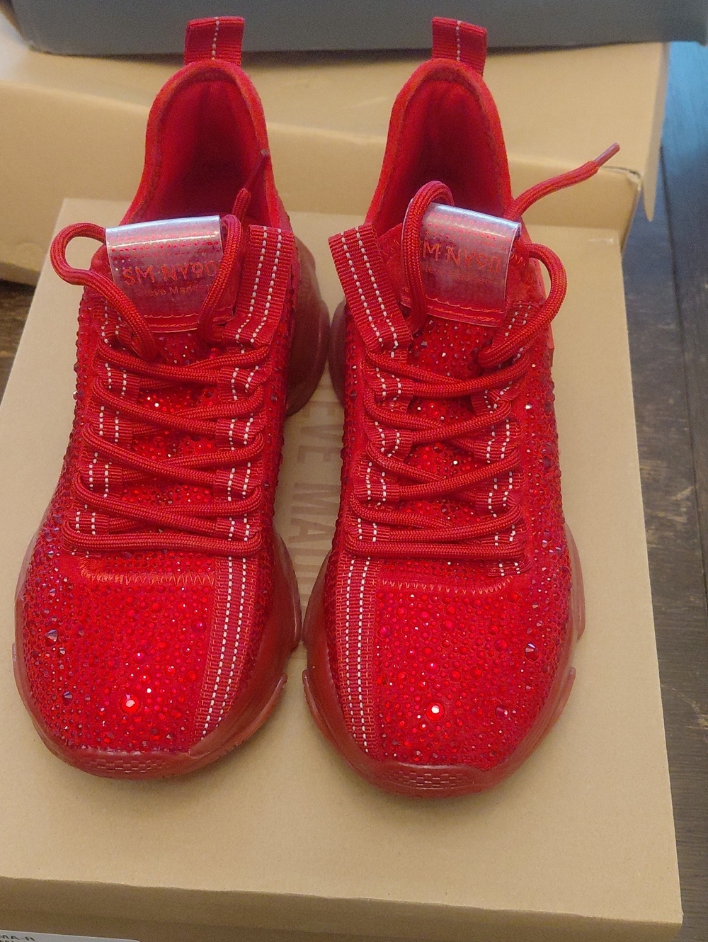 Womens 8.5 Red Crystal-Embellished Steve Madden Sneakers